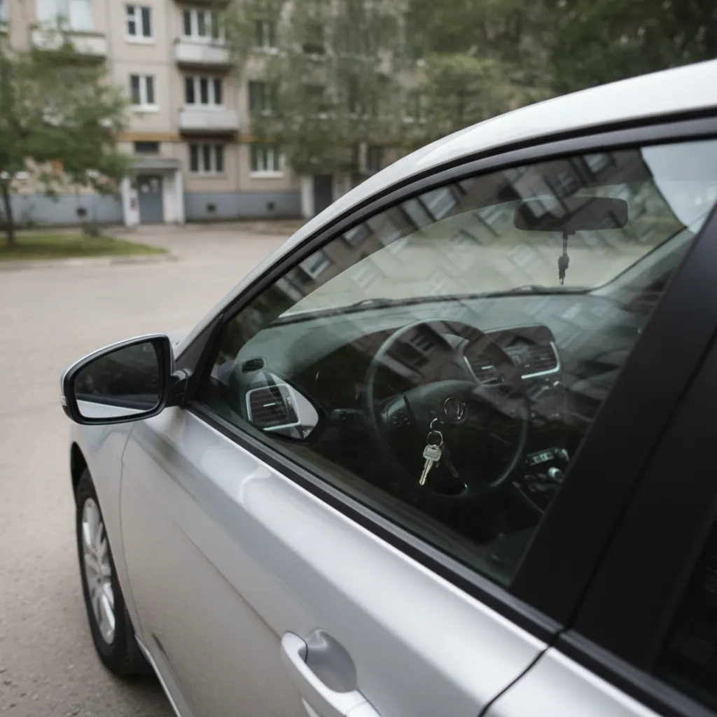 Ключи лежат на сиденье закрытого автомобиля во дворе
